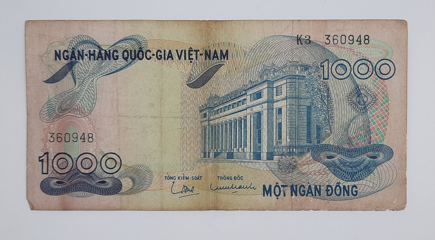 1971 South Vietnam Ngan-Hang Quoc-Gia Viet-nam 1000 Vietnamese Dong Banknote P-29 Serial No. K3 360948