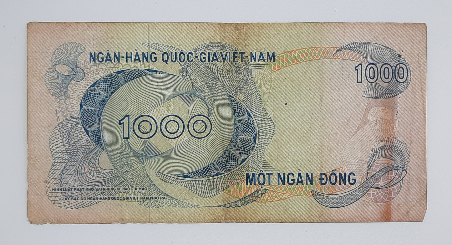1971 South Vietnam Ngan-Hang Quoc-Gia Viet-nam 1000 Vietnamese Dong Banknote P-29 Serial No. K3 360948