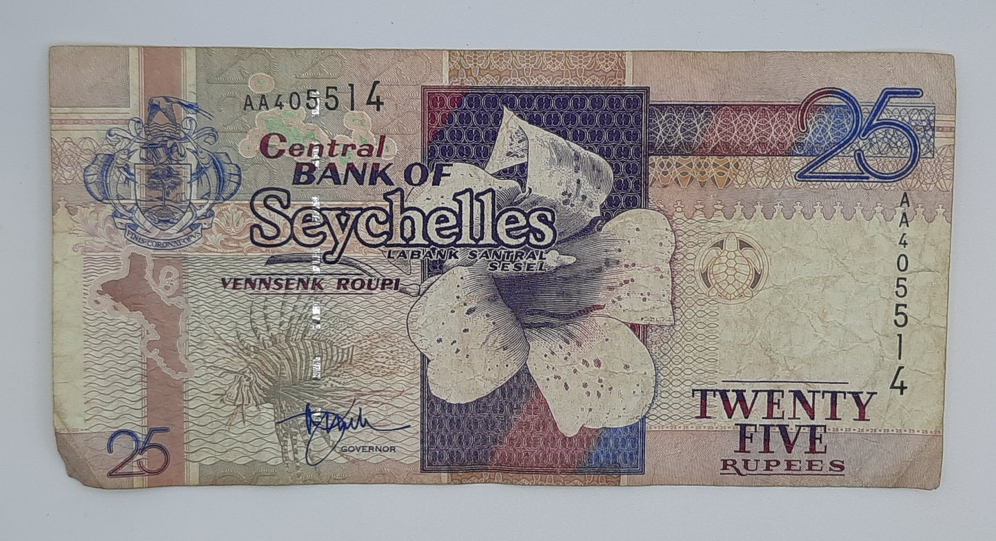1998 Central Bank of Seychelles - 25 Rupees Banknote Serial No. AA 405514 P-37