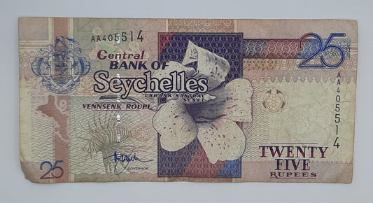 1998 Central Bank of Seychelles - 25 Rupees Banknote Serial No. AA 405514 P-37