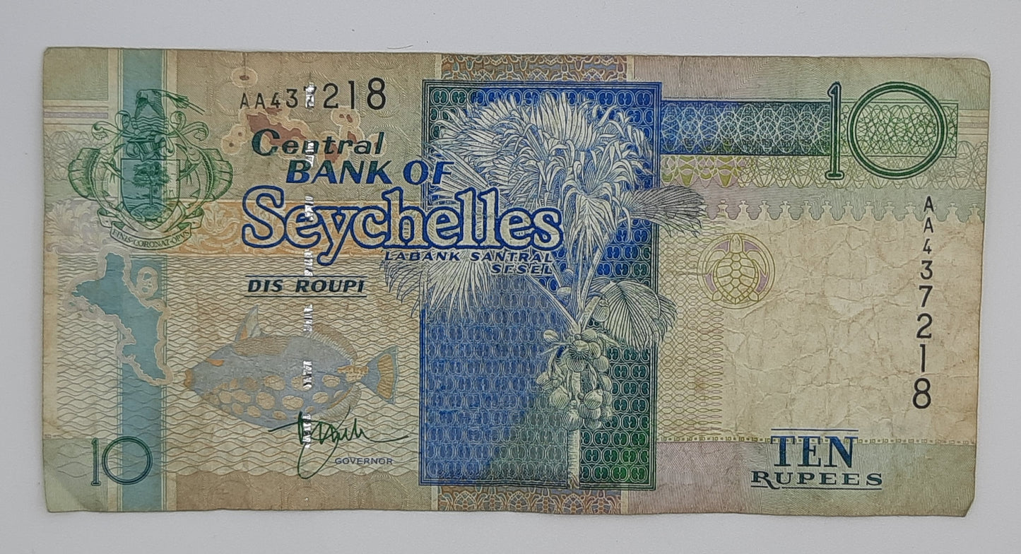 1998 Central Bank of Seychelles - 10 Rupees Banknote Serial No. AA 437218 P-36