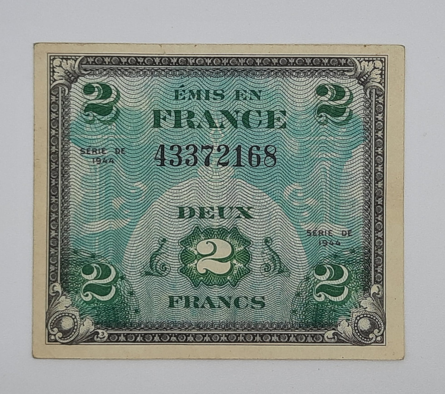 1944 Emis en France - 2 (Two) French Francs Banknote P-114 Serial No. 43372168