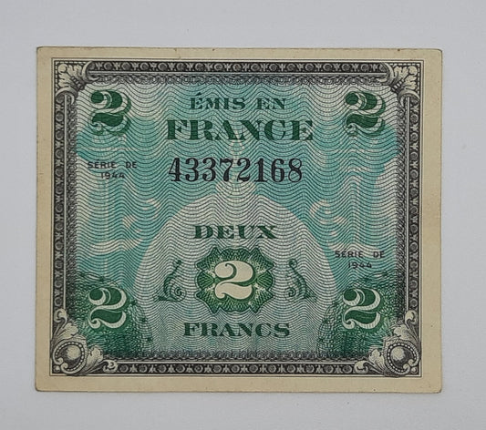 1944 Emis en France - 2 (Two) French Francs Banknote P-114 Serial No. 43372168
