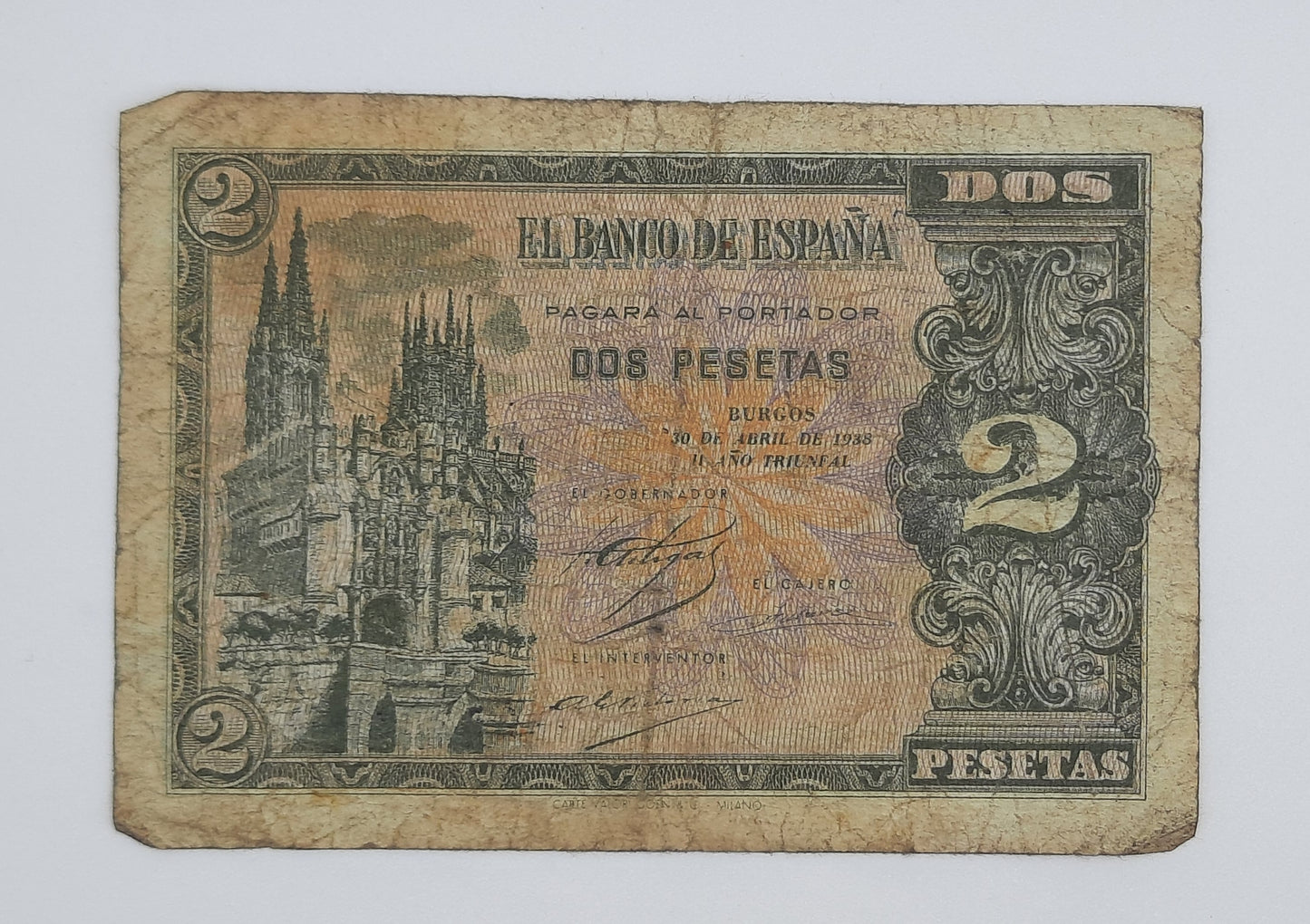 1937 Spain Banco De Espana - 2 Spanish Pesetas Banknote ESP Serial No. G 9590407 P-105