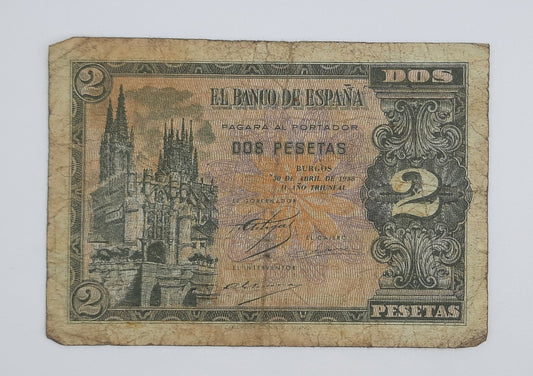 1937 Spain Banco De Espana - 2 Spanish Pesetas Banknote ESP Serial No. G 9590407 P-105