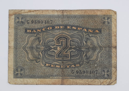1937 Spain Banco De Espana - 2 Spanish Pesetas Banknote ESP Serial No. G 9590407 P-105