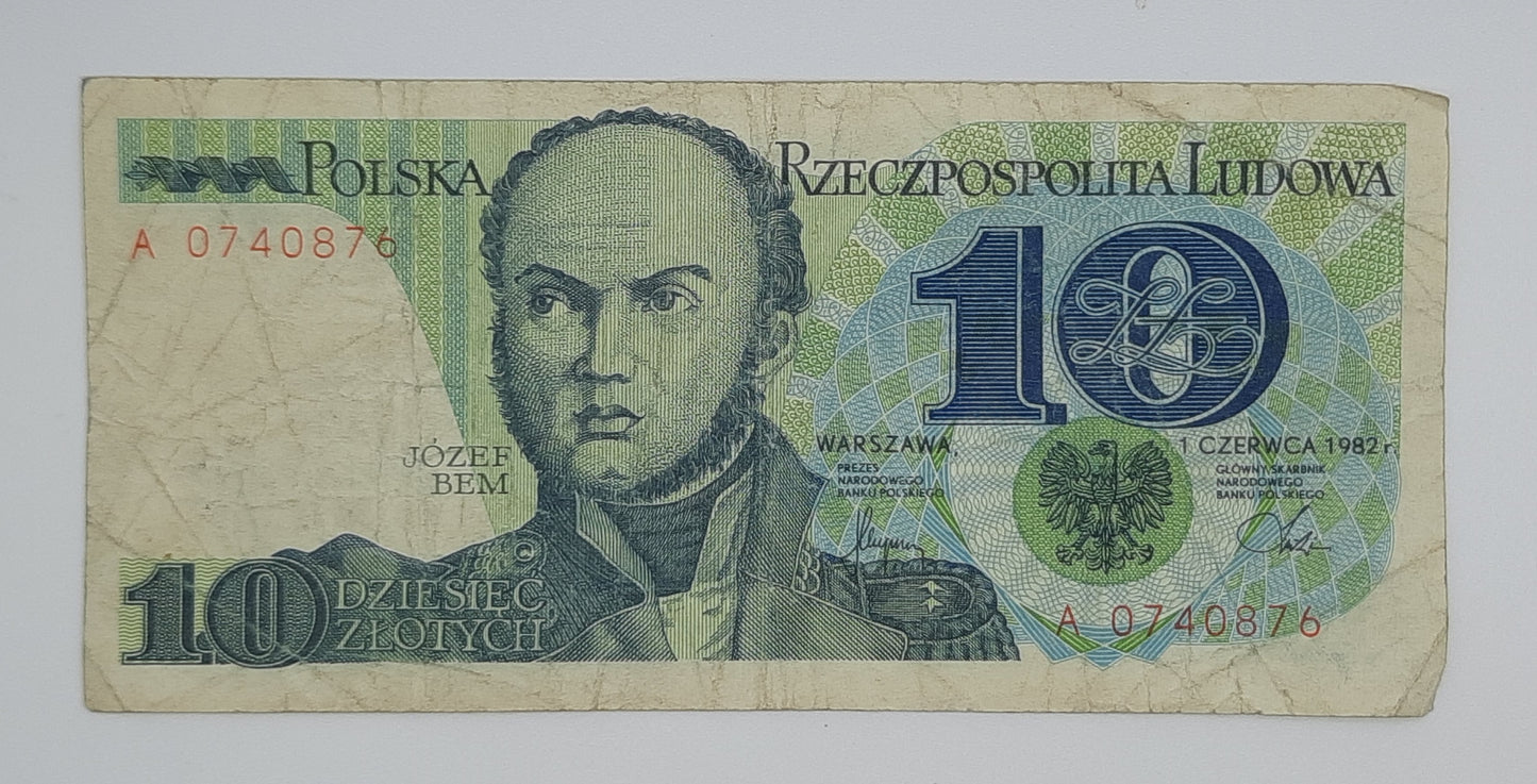 1982 Narodowy Bank Polski, Poland - 10 Polish Zlotych PLN Banknote Serial No. A 0740876 P-148a