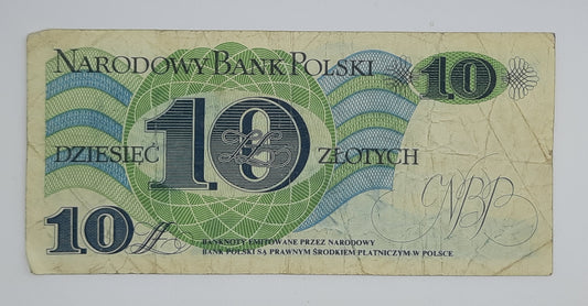 1982 Narodowy Bank Polski, Poland - 10 Polish Zlotych PLN Banknote Serial No. A 0740876 P-148a