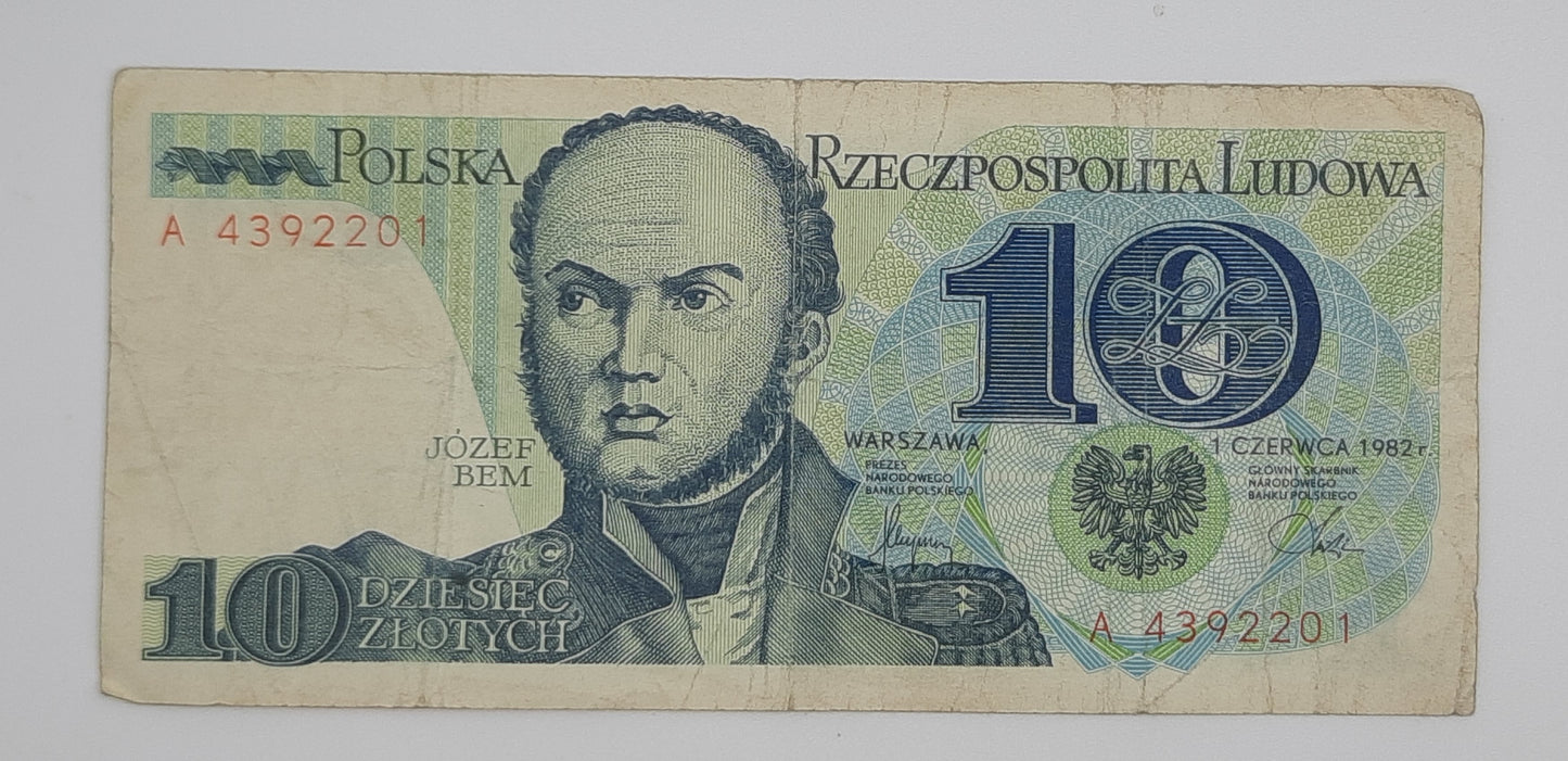1982 Narodowy Bank Polski, Poland - 10 Polish Zlotych PLN Banknote Serial No. A 4392201 P-148a