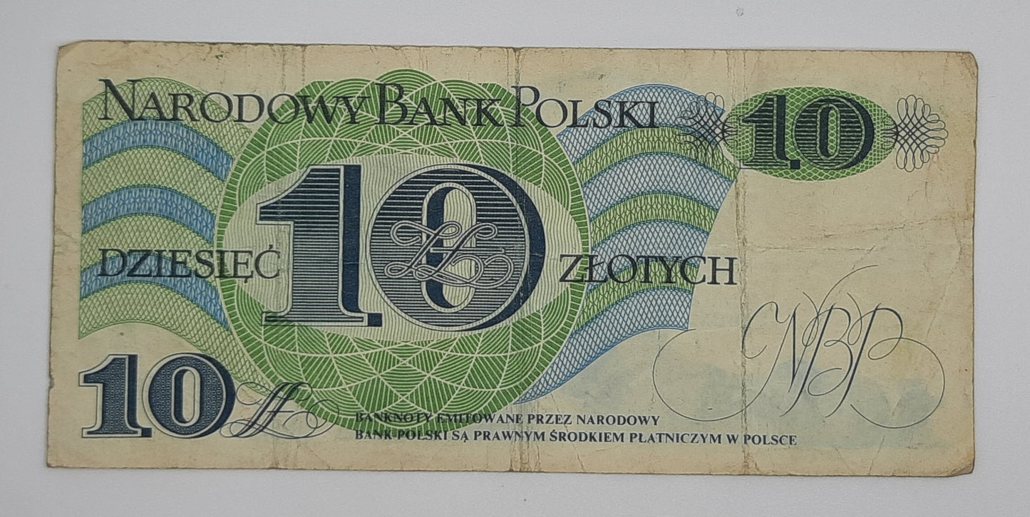 1982 Narodowy Bank Polski, Poland - 10 Polish Zlotych PLN Banknote Serial No. A 4392201 P-148a