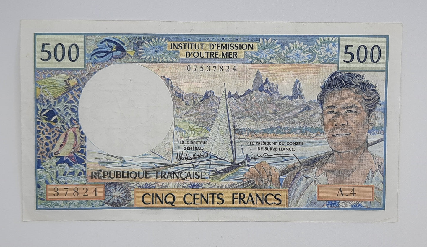 1985 French Pacific Territories, Institut d'Émission d'Outre-Mer - 500 CFP Francs Banknote Serial No. A4 37824 P-25d