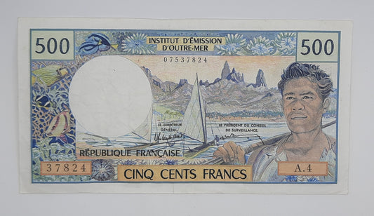 1985 French Pacific Territories, Institut d'Émission d'Outre-Mer - 500 CFP Francs Banknote Serial No. A4 37824 P-25d