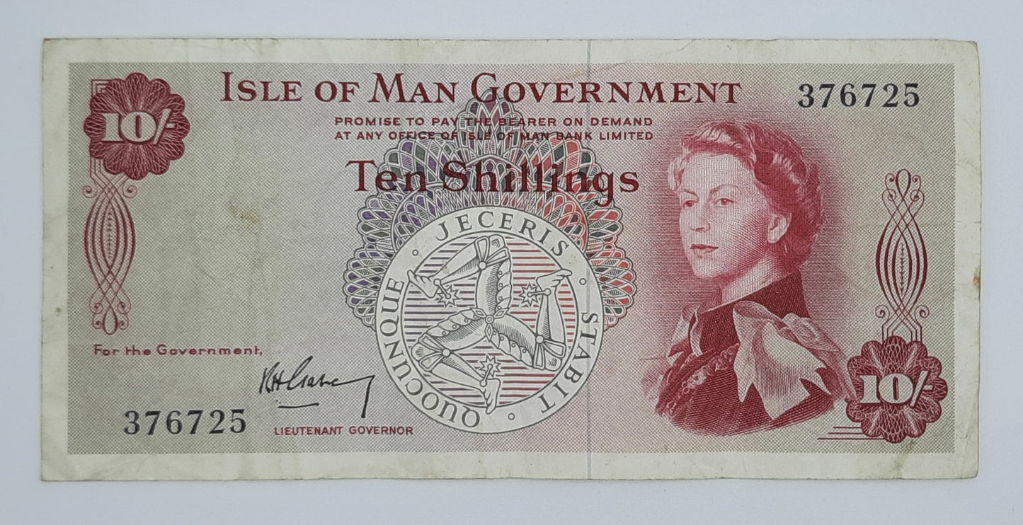 1961 Isle of Man Government - 10 (Ten) Shillings Manx Banknote Serial No. 376725 P-24a