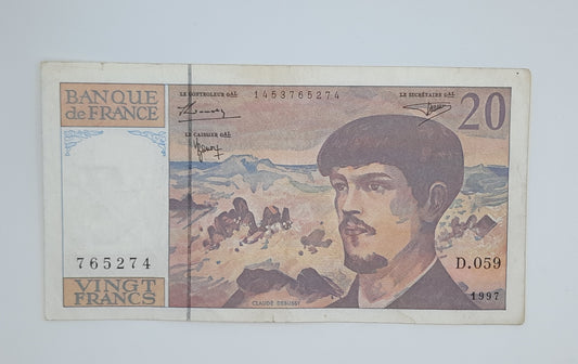 1997 Banque De France - 20 (Twenty) French Francs Banknote Serial No. D059 765274