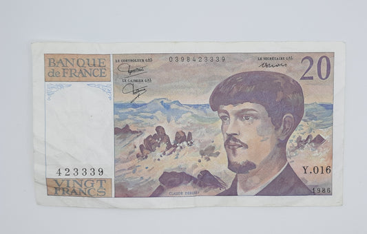1986 Banque De France - 20 (Twenty) French Francs Banknote Serial No. Y.016 423339